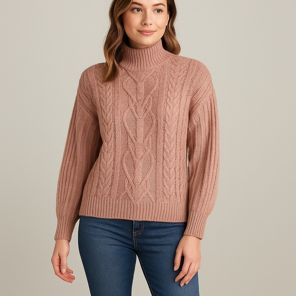 💗 Full Circle Trends Pink Cable Knit High Neck Sweater